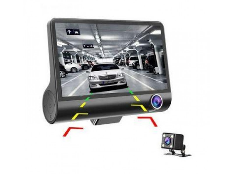 Автомобільний реєстратор, 4 "1080P FHD ЖК-екран, 3 об'єктива, камера заднього виду, огляд 170